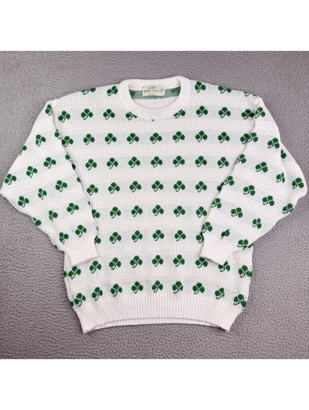 VTG Quills Woolen Market Sweater Mens M White Green Clover Ireland Shamrock
